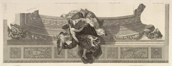 Two winged female figures with a shield, Apotheosis of Hercules, Le Brun, Charles, 1619-1690, Surugue, Louis, ca. 1686-1762