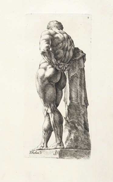 Farnese Hercules, 3/4 rear view, Signorvm vetervm icones, Bisschop, Jan de, 1628-1671, Matham, J., Etching, between 1731