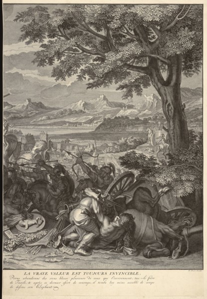 Porus in battle: right sheet, Le Brun, Charles, 1619-1690, Picart, Bernard, 1673-1733, Etching, engraving, black-and-white, 1717