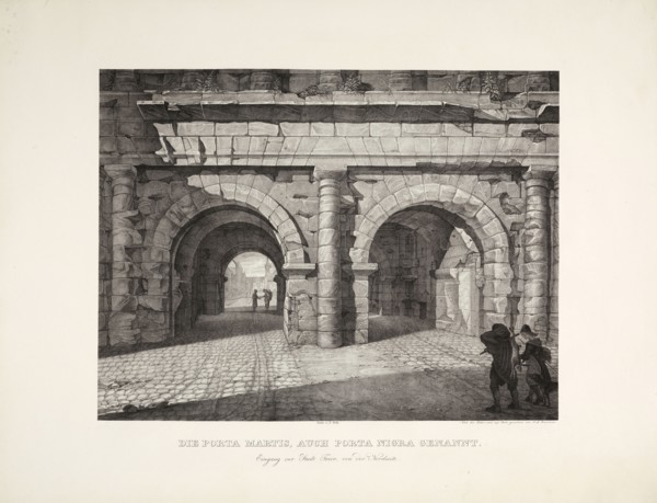 Die Porta Martis, auch Porta Nigra gennant, Ramboux, Johann Anton, 1790-1866, Lithography, 1824?, The print depicts Porta Martis