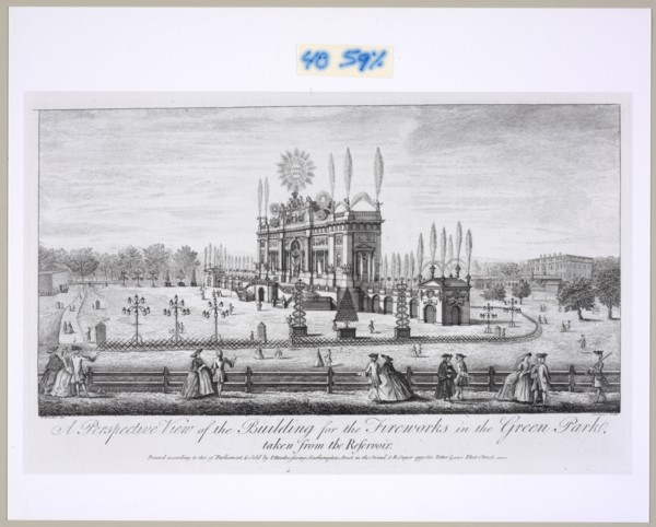 A perspective view of the building for the fireworks in the Green Park, taken from the reservoir, Angier, Paul, Brookes, P