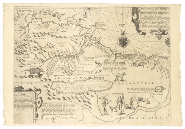 Tabula geographica nova omnium oculis exibens et proponens verissimam descriptionem potentissmi et aurisen regni Guiana sub