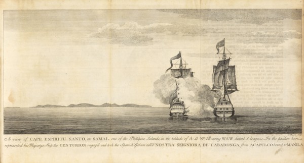 A View of Cape Espiritu Santo, on Samal, one of the Phillipine Islands, A voyage round the world, in the years MDCCXL, I, II
