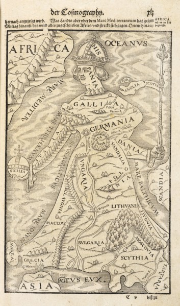 Map showing Germania, with adjacent countries and land masses, Cosmographey: das ist, Beschreibung aller Länder, Herrschafften