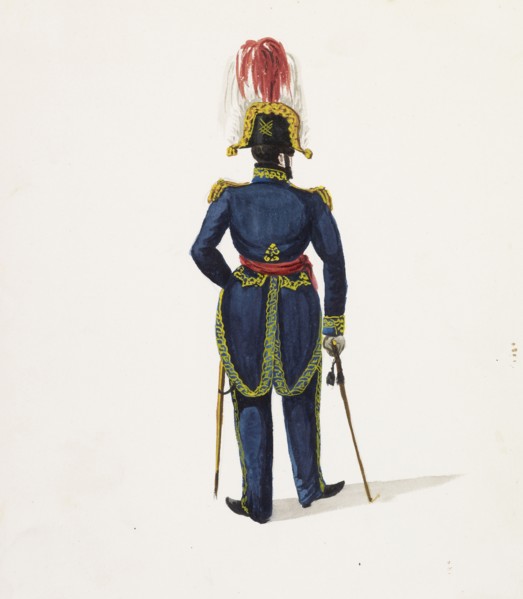 View of soldier in blue uniform from behind, Costumes of Lima, Peru, Unknown, Watercolor, ca. 1860, Soldier holds swords