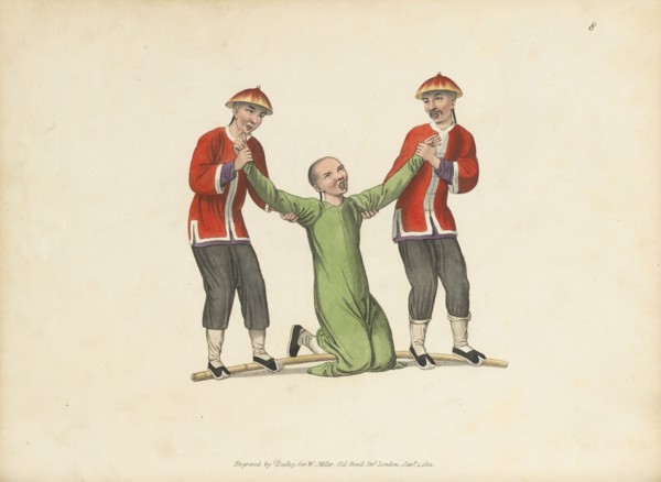 Punishing an interpreter, The punishments of China, Dadley, J., Mason, George Henry, Stipple engraving, hand-colored, 1801