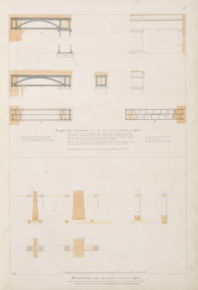 Foundations under the cast from columns in offices, Wrought iron architraves over the cast iron columns in offices, Foundations