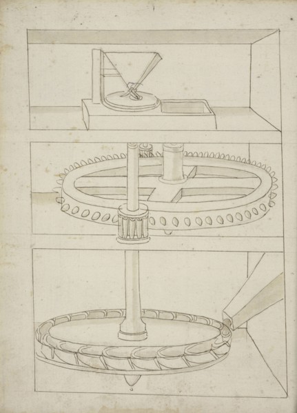 Folio 39 mill with horizontal water wheel, Edificij et machine MS, Martini, Francesco di Giorgio, 1439-1502, Brown ink and wash