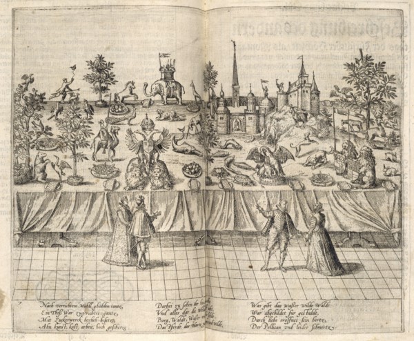 Banquet table decorated with animals and plants made of sugar paste, Beschreibung derer fürstlicher güligscher andc. Hochzeit