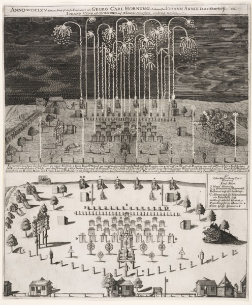 Des Herculis Feuerwerck auf dem hohen Walle in der Churfürstl. Sächs: Residenz Stadt Dresden verbrennet den 28 Februarÿ Ao. 1678