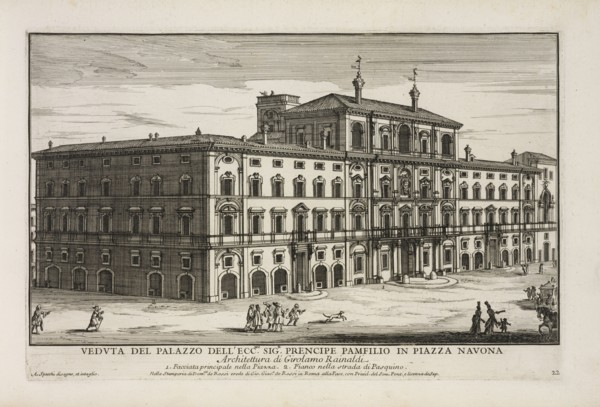 Veduta del Palazzo dell'ecc.mo sig.r prencipe Pamfilio in Piazza Navona, Il nvovo teatro delle fabriche et edifici