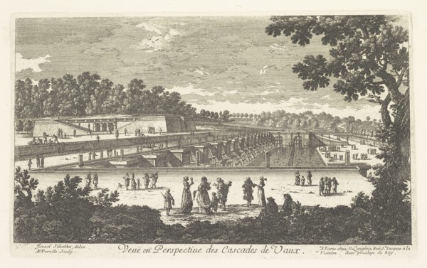 Veue en perspective des cascades de Vaux, Perelle engravings of Paris, royal residences, chateaux of France