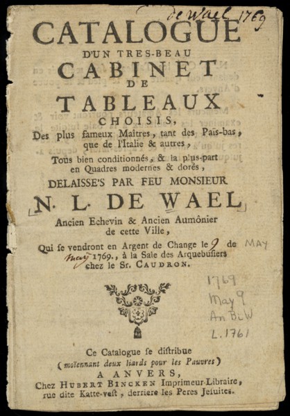 Title page, Catalogue d'un tres-beau cabinet de tableaux choisis, des plus fameux maîtres, tant des Païs-Bas, que de l'Italie