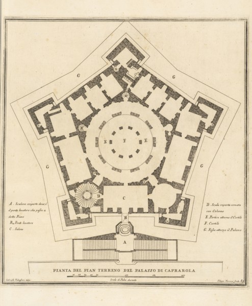 Pianta del pian terreno del Palazzo di Caprarola, Stvdio d'architettvra civile sopra gli ornamenti di porte e finestre tratti