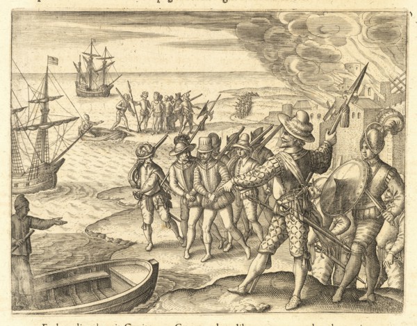 Sir Walter Raleigh taking Antonio de la Hoz Berrío and Alvaro Jorge as prisoners on the Island of Trinidad, Americae pars VIII