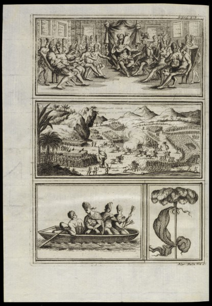 Montezuma and his court receive the Spanish, Battle scene, Indigenous people in a boat, Staff adorned with feathers, Istoria