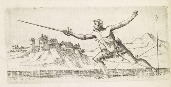 Figure illustrating the art of fencing, Neu kunstlich Fechtbuch, Fabris, Salvatore, d. 1617, Etching, engraving, black-and-white