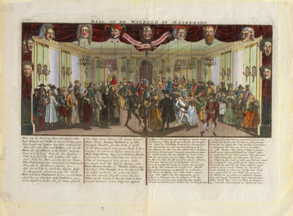 Bal de Waereld in Maskerade, Italian theater print, Etching
