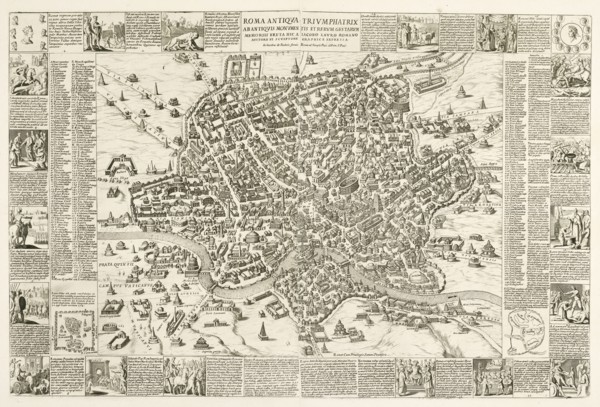 Roma antiqua triumphatrix ab antiquis monumentis et rerum gestarum memoriis eruta, map of Rome, Lauro, Giacomo, 17th cent