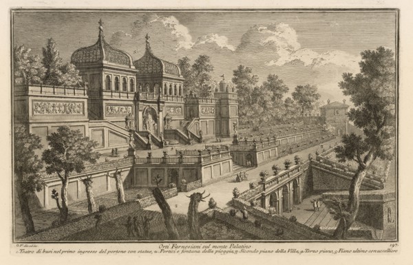 Orti Farnesiani sul Monte Palatino, Delle magnificenze di Roma antica e moderna, Vasi, Giuseppe, 1710-1782, Engraving, between