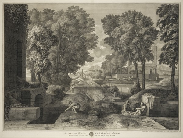 Landscape with a Roman road, print after paintings by Nicolas Poussin, Baudet, Etienne, 1638-1711, Monier, Pierre, 1641-1703