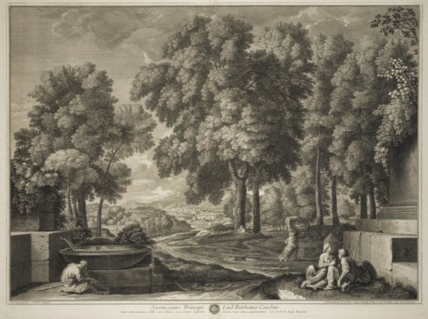 Landscape with man washing his feet at a fountain, print after paintings by Nicolas Poussin, Baudet, Etienne, 1638