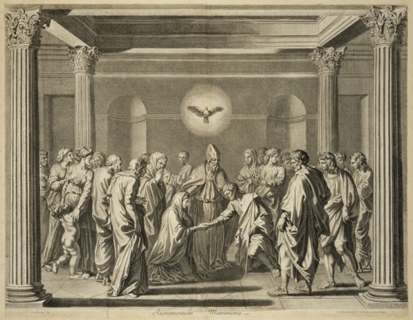 Sacramentum Matrimonij, print after paintings by Nicolas Poussin, Châtillon, Louis de, 1639-1734, Poilly, Nicolas