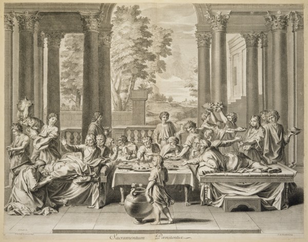 Sacramentum Poenitentiae, print after paintings by Nicolas Poussin, Châtillon, Louis de, 1639-1734, Poilly