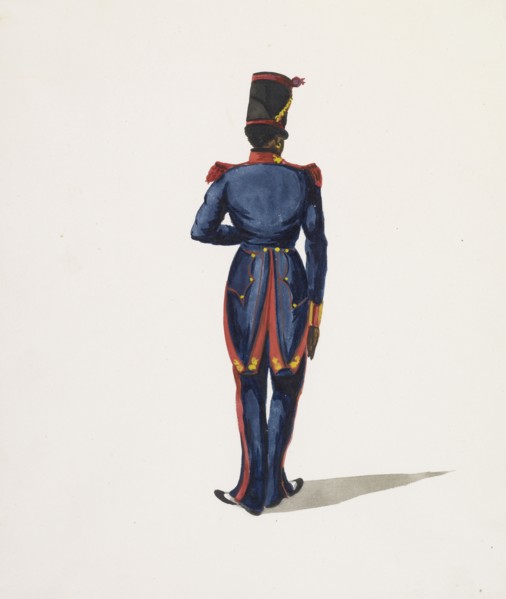 View of soldier in blue uniform from behind, Costumes of Lima, Peru, Watercolor, ca. 1860