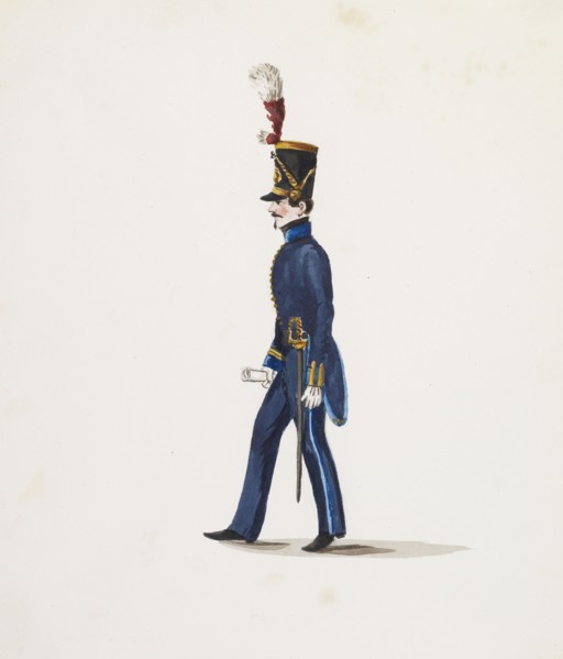 Side view of soldier in blue uniform, Costumes of Lima, Peru, Watercolor, ca. 1860