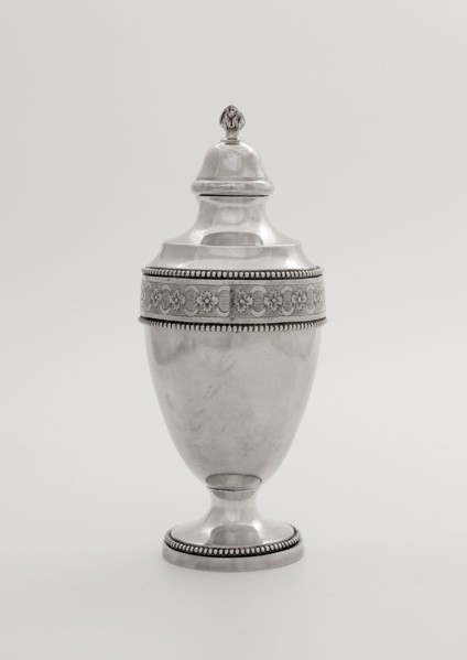 Silver tea caddy, tea caddy holder silver wood, molded engraved Ovoid body on round constricted foot constriction