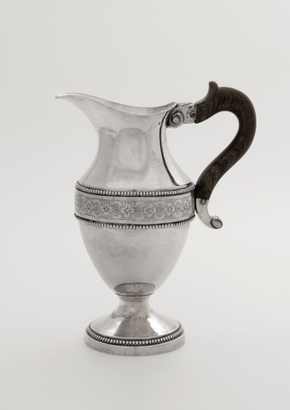Silver milk jug, milk jug tableware holder silver wood, molded engraved Egg shaped body on round constricted foot wide lip