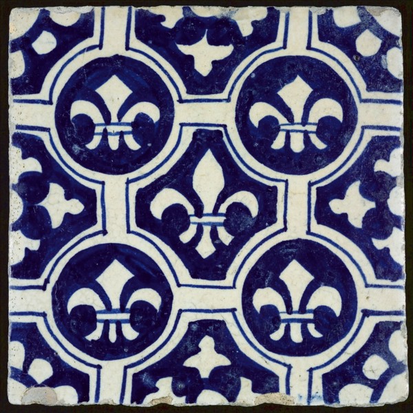 Ornament tile with French lily decor, wall tile tile sculpture ceramic earthenware glaze, baked 2x glazed painted Yellow