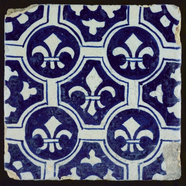 Ornament tile with French lily decor, wall tile tile sculpture ceramics pottery glaze, baked 2x glazed painted Yellow to reddish