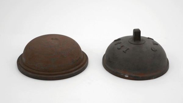 Two-piece bronze mold for medium-sized tap jug with initials JAD and 1835, cast molding tools tool kit metal bronze, cast