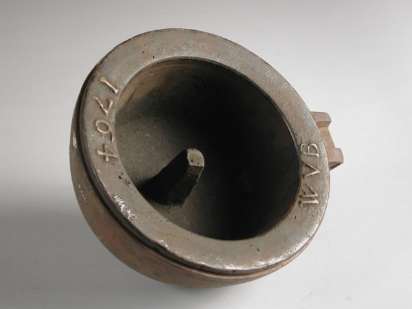 Two-piece bronze mold for bottom jug with initials WVB and 1764, cast molding tool tools kit metal bronze, and 1764