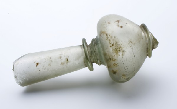 Fragment of goblet, probably flute glass, flute glass? drinking cup drinking utensil holder soil find glass, free blown