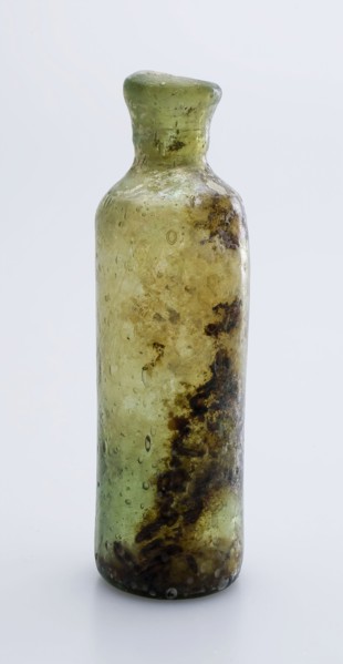Medicine Bottle, medicine bottle bottle holder soil find glass, free blown and shaped Small (medicine?) Bottle in clear light