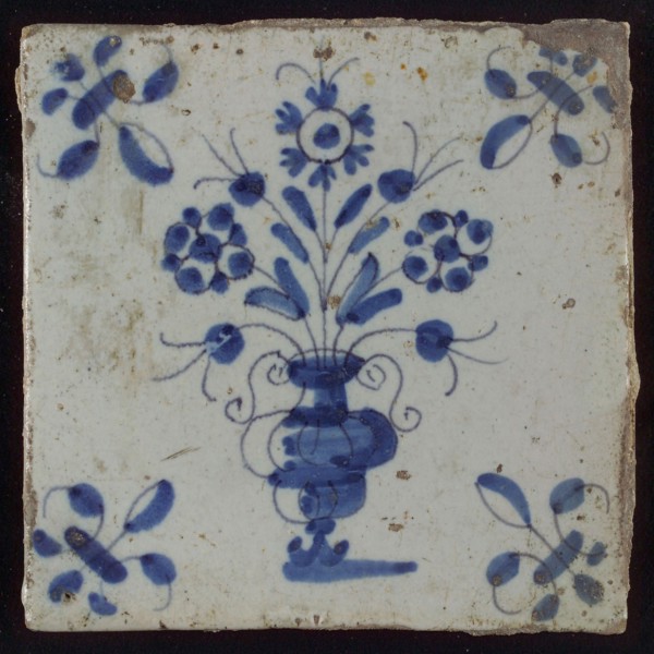 Tile, flowerpot in blue on white, corner pattern lily, wall tile tile sculpture ceramic earthenware glaze, baked 2x glazed
