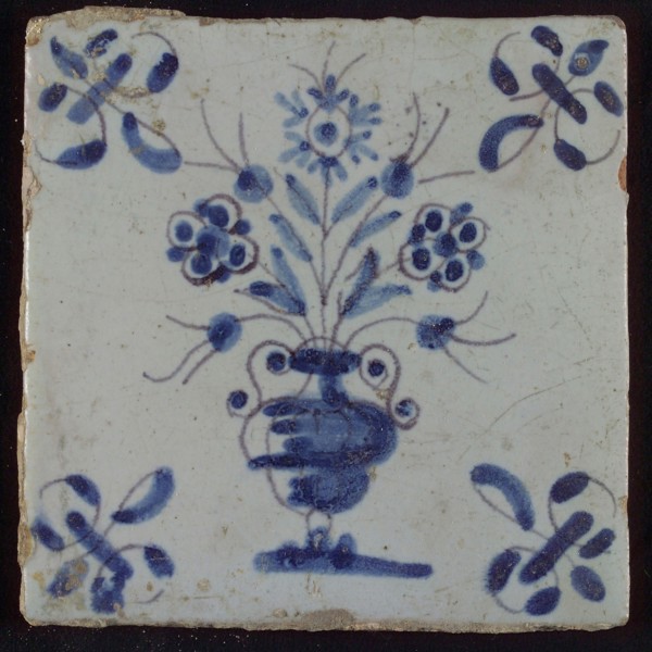Tile, flowerpot in blue on white, corner motif lily, wall tile tile sculpture ceramic earthenware glaze, baked 2x glazed painted