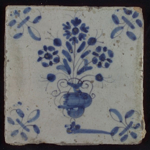 Tile, flowerpot in blue on white, corner motif lily, wall tile tile sculpture ceramic earthenware glaze, baked 2x glazed painted