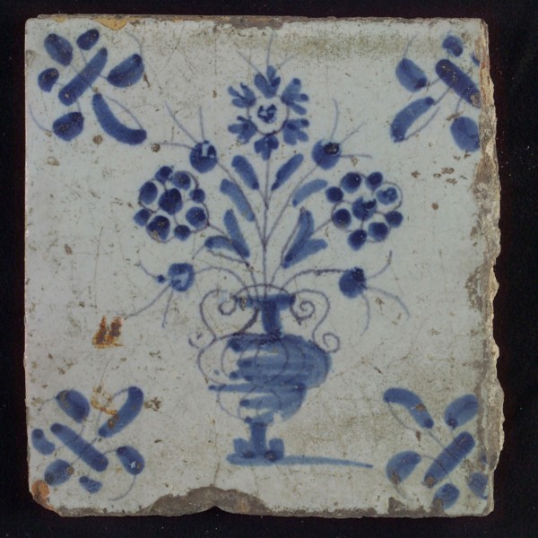 Tile, flower pot in blue on white, corner motif lily, wall tile tile sculpture ceramic earthenware glaze, baked 2x glazed