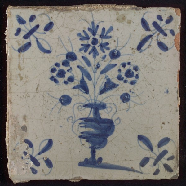 Tile, flower pot in blue on white, corner motif lily, wall tile tile sculpture ceramic earthenware glaze, baked 2x glazed