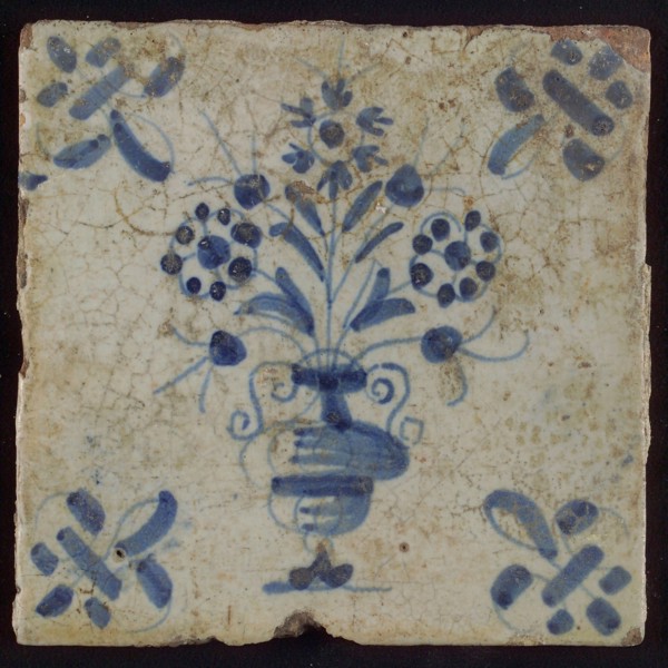 Tile, flowerpot in blue on white, corner motif lily, wall tile tile sculpture ceramic earthenware glaze, baked 2x glazed painted