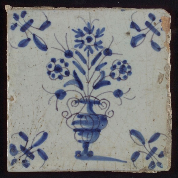 Tile, flowerpot in blue on white, corner motif lily, wall tile tile sculpture ceramic earthenware glaze, baked 2x glazed painted