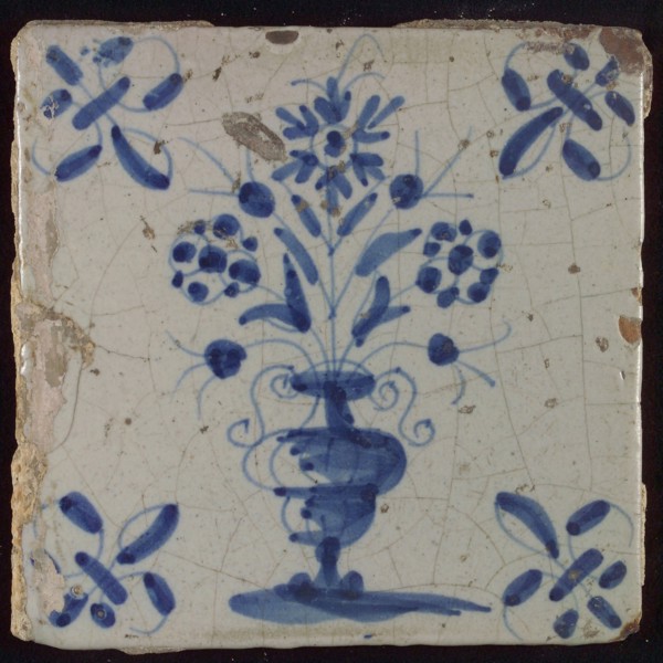 Tile, flowerpot in blue on white, corner motif lily, wall tile tile sculpture ceramic earthenware glaze, baked 2x glazed painted