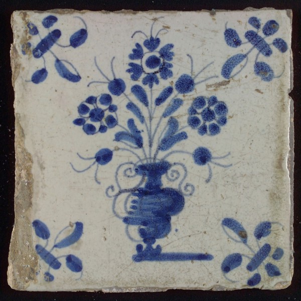 Tile, flowerpot in blue on white, corner motif lily, wall tile tile sculpture ceramic earthenware glaze, baked 2x glazed painted