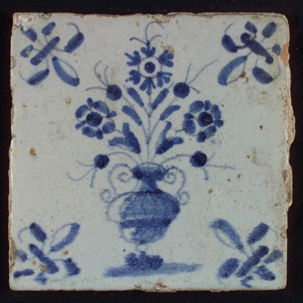 Tile, flowerpot in blue on white, corner pattern lily, wall tile tile sculpture ceramic earthenware glaze, baked 2x glazed