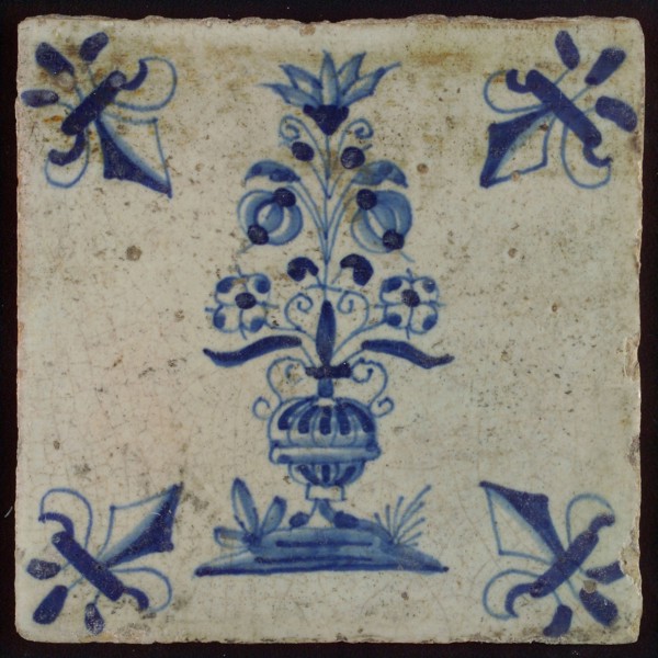 Tile, flower pot in blue on white, corner pattern french lily, wall tile tile sculpture ceramic earthenware glaze, baked 2x