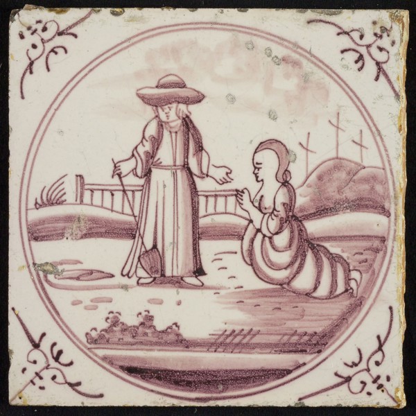 Scene line, Jesus appears as gardener for Mary Magdalene, corner motif ox's head, wall tile tile sculpture ceramic earthenware